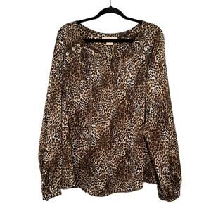 Michael Kors 16W Plus Leopard Animal Print Blouse Long Sleeve Button Detail Top